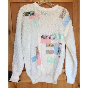 Vintage 90s Rochelle Patchwork White Crew Neck SMALL Sweater Coquette Girly S